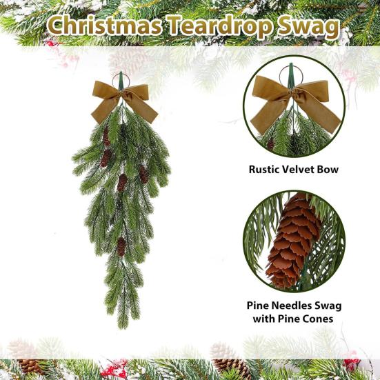 Yousheng 2 шт. рождественская гирлянда в форме капли, искусственные сосновые иголки, гирлянда с шишками и бантом, искусственная подвесная гирлянда из зелени для домашнего декора
