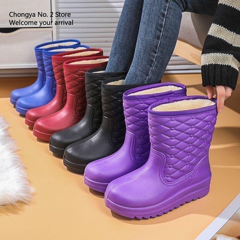 Waterproof Fleece Snow Boots Women's Mid-calf Water Boots Warm Water Boots Women's Rubber Shoes Kitchen Cotton