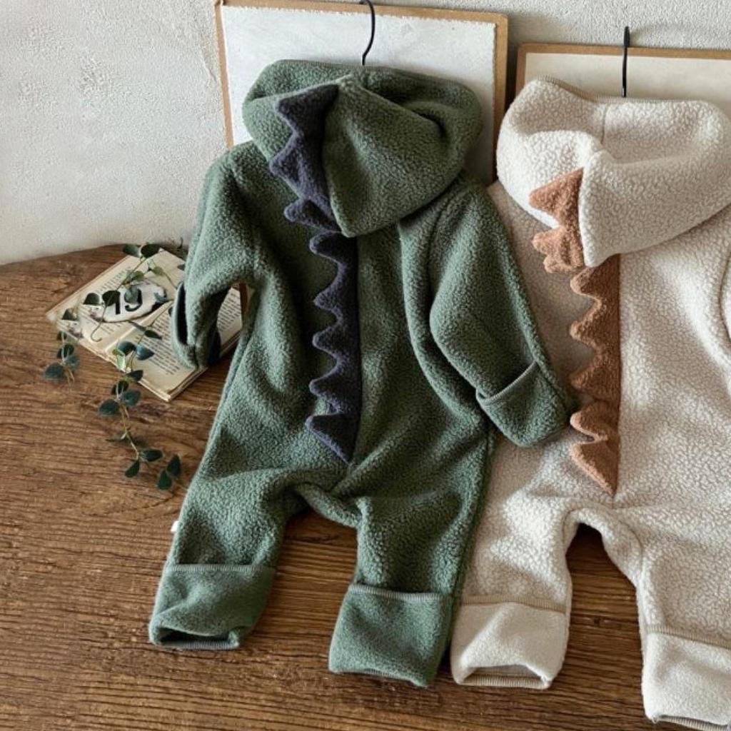 Двусторонний флисовый комбинезон с капюшоном и ветрозащитными манжетами для малыша с динозавром