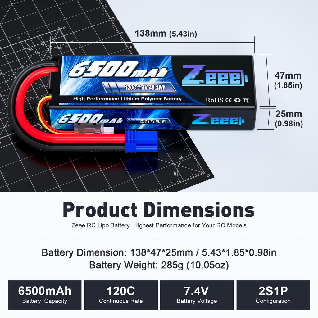 Zeee 2S 6500mAh Lipo Battery 7.4V 120C Hardcase with EC5 Plug for RC Car Truck Tank Truggy Boat Vehicles RC Racing Hobby Models