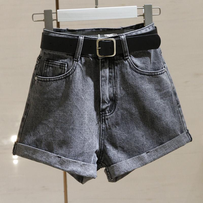 Grey Denim Shorts Women's Summer High Slim Wide Leg Pants