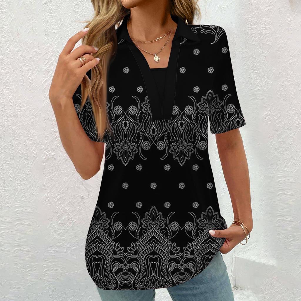 Женская модная повседневная рубашка с коротким рукавом с винтажным принтом на пуговицах, блузка
