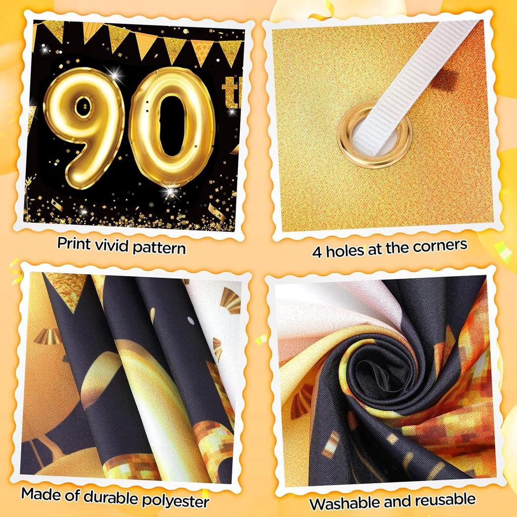 Black Gold 90th Birthday Decorations for Men Women Happy 90th Birthday Yard Banner Sign Decor and 18 PCS Latex Balloons for 90 Year Old Anniversary