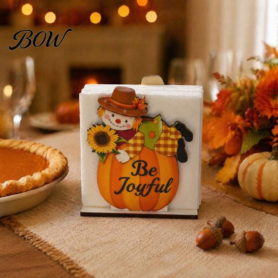 Rustic Pumpkin Maple Leaf Decoration Thanksgiving Solid Wood Napkin Holder, Fall Harvest Gnome Scarecrow Turkey Tissue Rack Dispenser, Waterproof