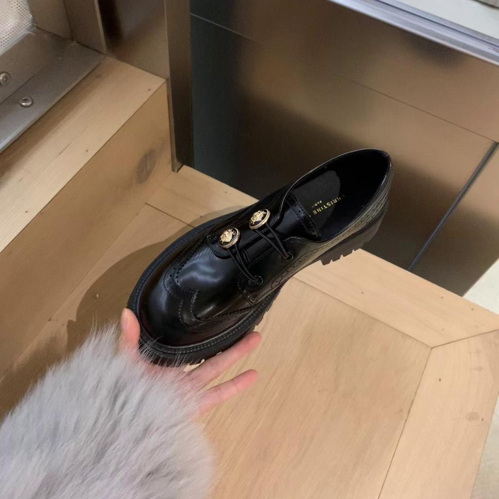 Lacquer Leather Leather Loafers Women's Soft Thick Soles, Round Head, Small Leather Shoes, Gold Buckle, Block, One Pedal