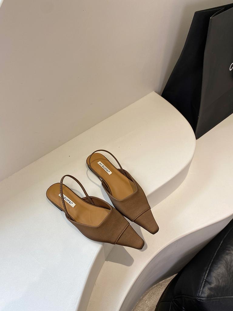 Мода Модные женские босоножки с острым носком Туфли на плоской подошве на низком каблуке бежевые коричневые черные с ремешком сзади Летние уличные туфли-мюли для женщин 39