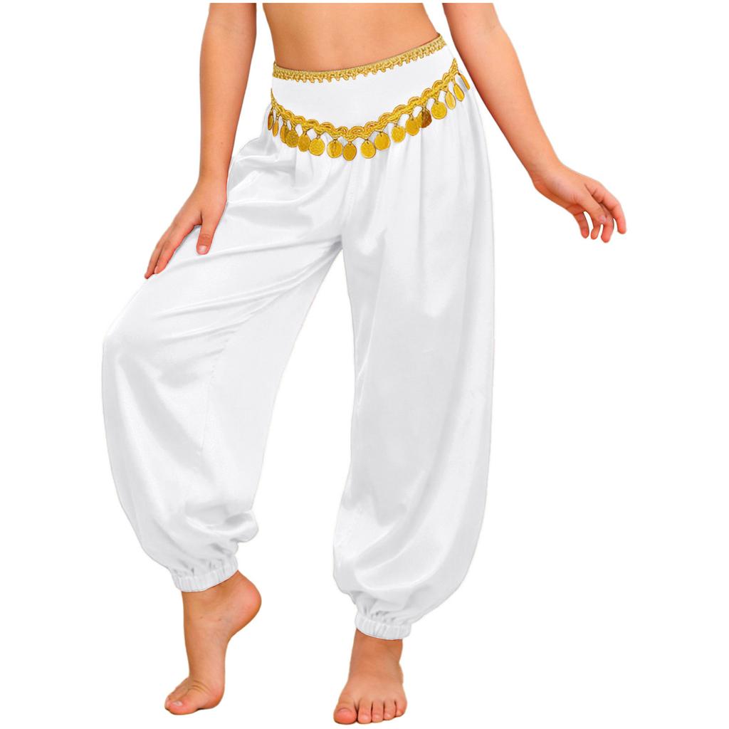 Girls Sequin Tassels Bloomers Pants Braid Trim Loose Fit Side Zipper Belly Dance Costume