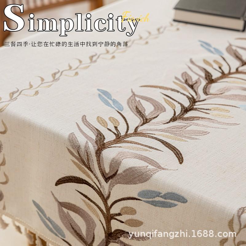 Waterproof Embroidered Plant Motif Tablecloth With Tassels Long Rectangle Dining Table Cover Ins Style Home Decor