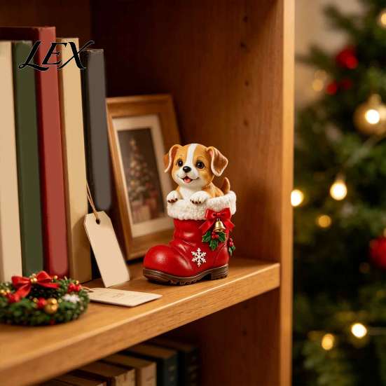 Holiday Gift for Pet Owners Christmas Puppy in Santa Boot Resin Figurine, Cute Dog Tabletop Decor with Lover Gifts Bow Bell Holly, Festive Home Shelf