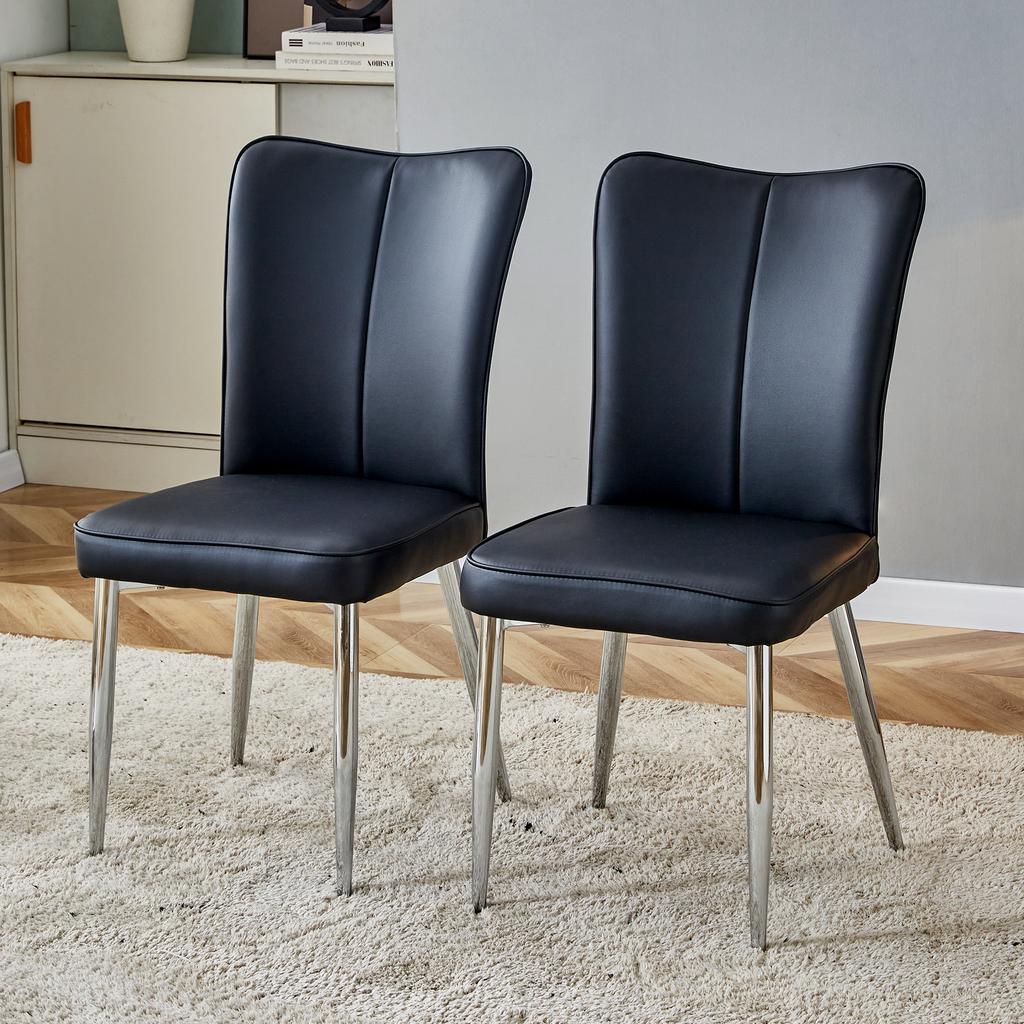 2 Black Modern Dining Chairs, 89 cm High, PU, Silver-Colored Metal Legs, Available in Multiple Colors, Suitable for Office, Restaurant, etc.