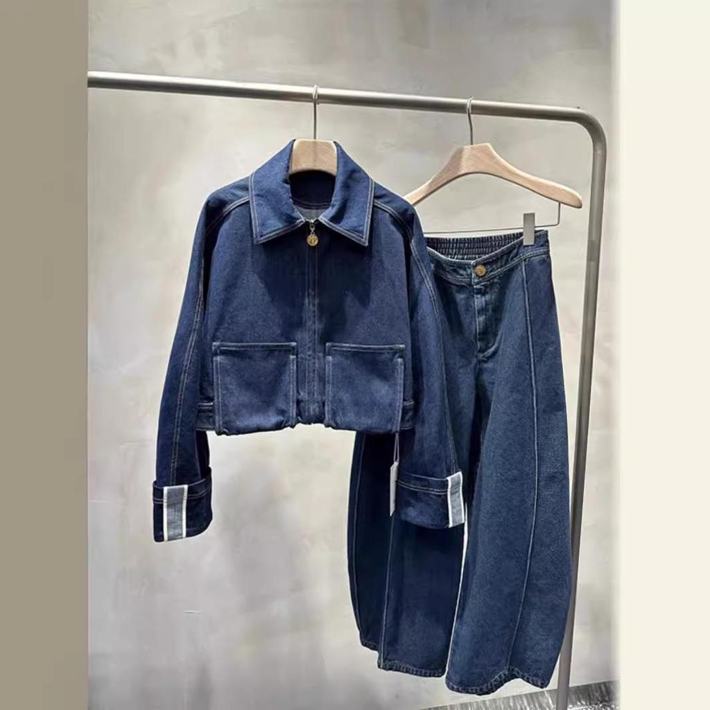 Трендовый синий костюм в европейско-американском стиле: Уникальная женская куртка и брюки из двух частей на весну и осень