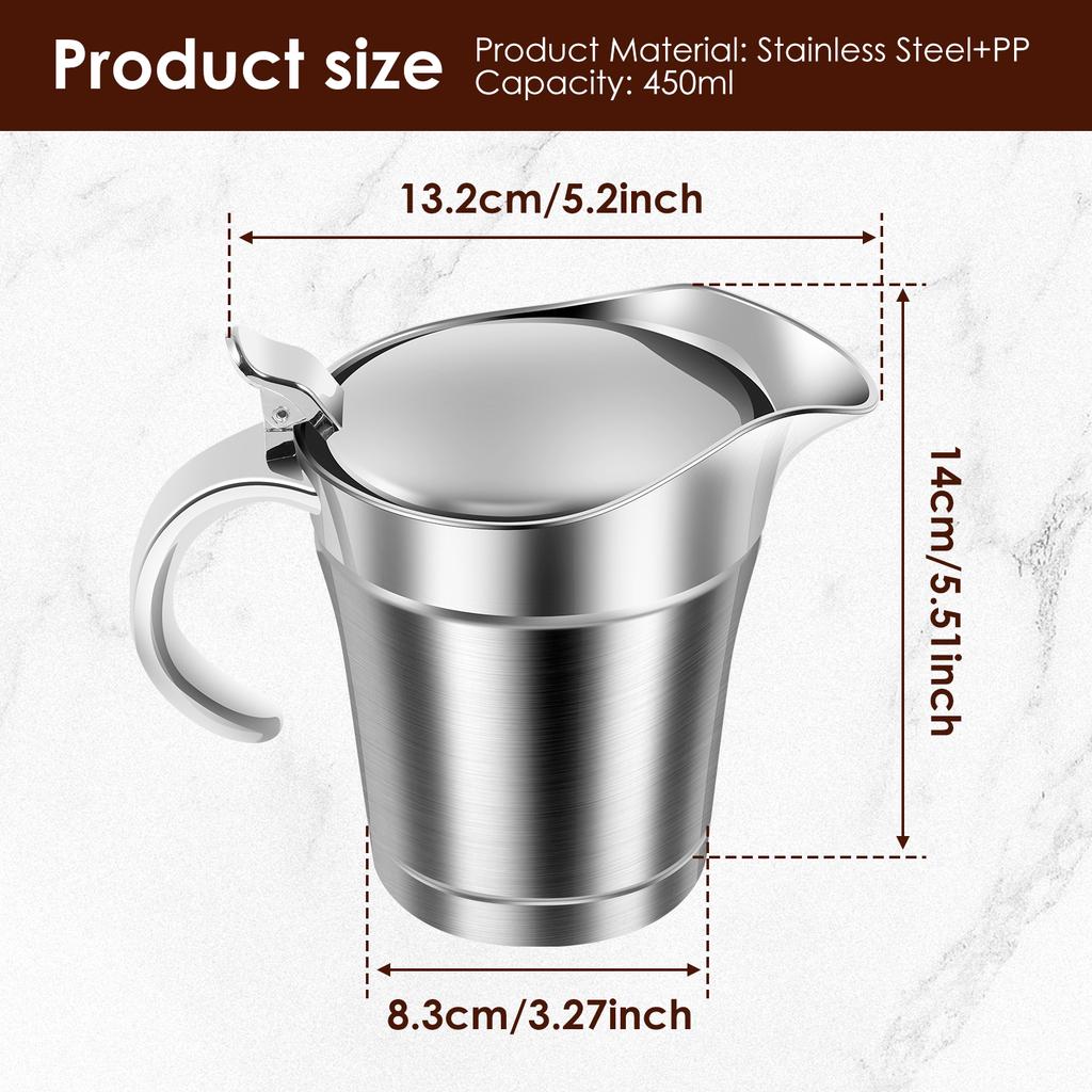 450ML Sauce Dispenser Double Insulated Sauce Gravy Boat Stainless Steel Vinaigrette Pot with Hinged Lid for Restaurant Household