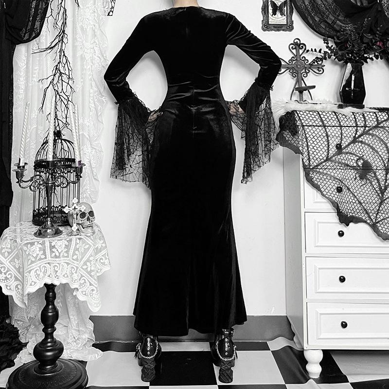 AltGoth готическое темное бархатное платье на Хэллоуин для женщин в винтажном стиле Fairy Grunge кружевное пэчворк с расклешенными рукавами и высокой талией вечернее платье