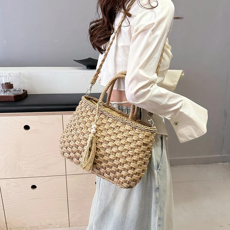 Женская модная соломенная сумка через плечо с кисточками, брендовая дизайнерская плетеная сумка из ротанга, летняя дорожная пляжная сумка, женская сумка