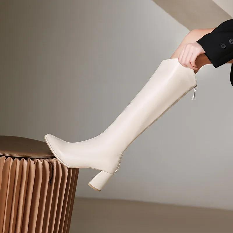Осенне-зимние женские сапоги, высокие сапоги до колена в стиле ретро с острым носком, узкие сапоги, высокие женские сапоги на молнии, толстые, на высоком каблуке, простые толстые сапоги