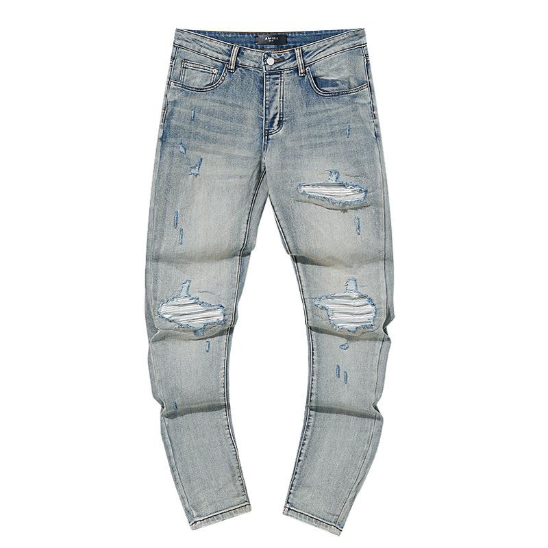 Fashion American High Street Hole & Patch Trendy Retro Straight Ami Denim Pants