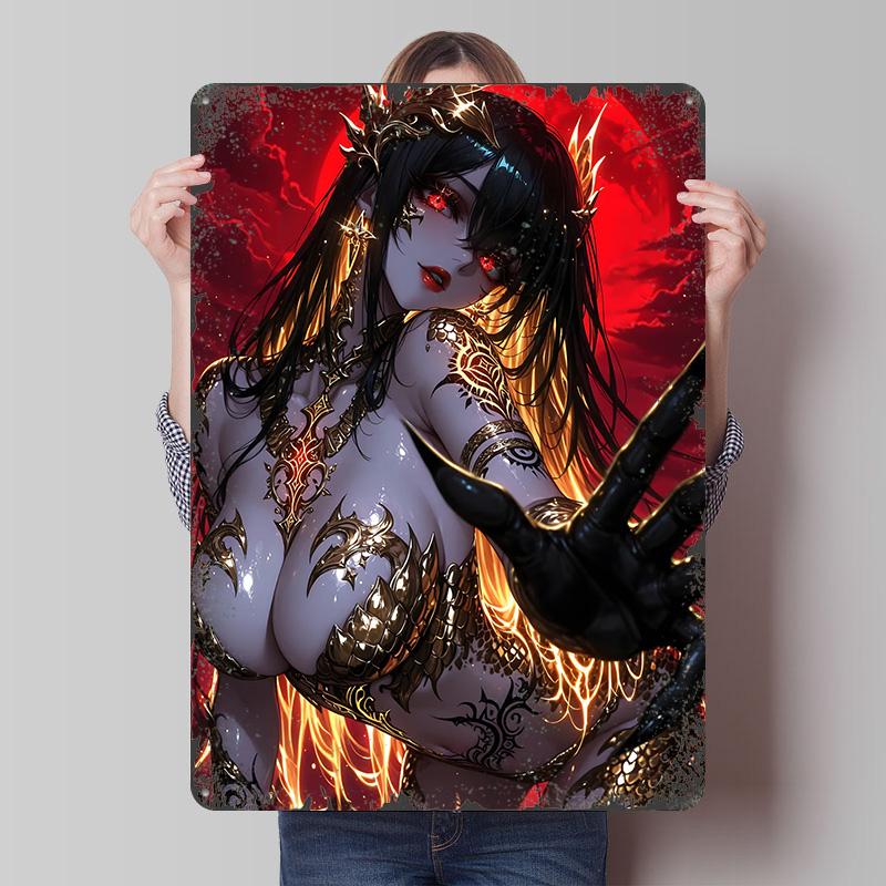 Demon Woman With Golden Armor Poster Customized Wall Art Vintage Metal Signs Retro Tin Plaque for Man Cave Bedroom Decoration