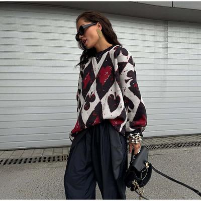 Пуловер вязаный женский новый с принтом в стиле игральных карт ромбовидным узором черного и красного цвета