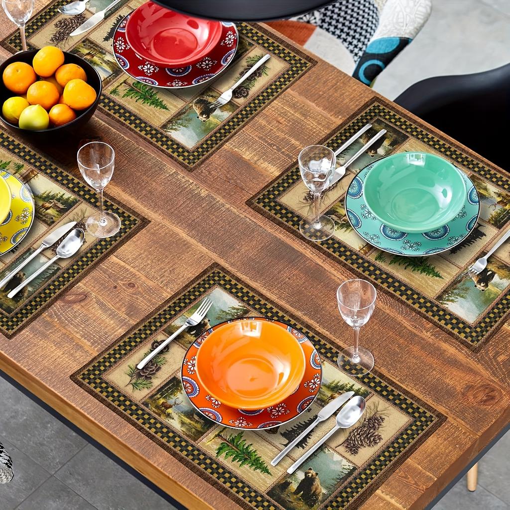 4pcs, Country Cottage Bear Deer Placemat 4pcs Set, Vintage Cottage Pine Cone Plaid Placemat, Dining Table Mats Home Kitchen Decoration