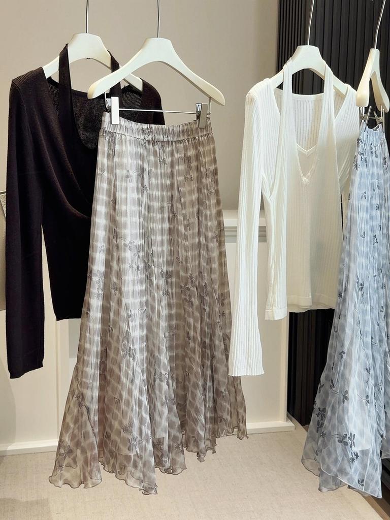 Женская летняя клетчатая шифоновая юбка с высокой талией и асимметричным подолом