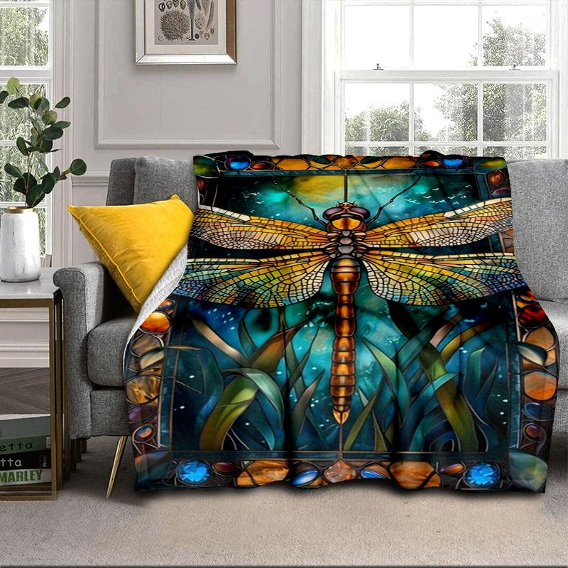 Stained Glass Dragonfly Garden Blanket Flannel Blanket for bed, sofa, Camping, Hiking, Picnic Essentials, gift for family Fan gifts