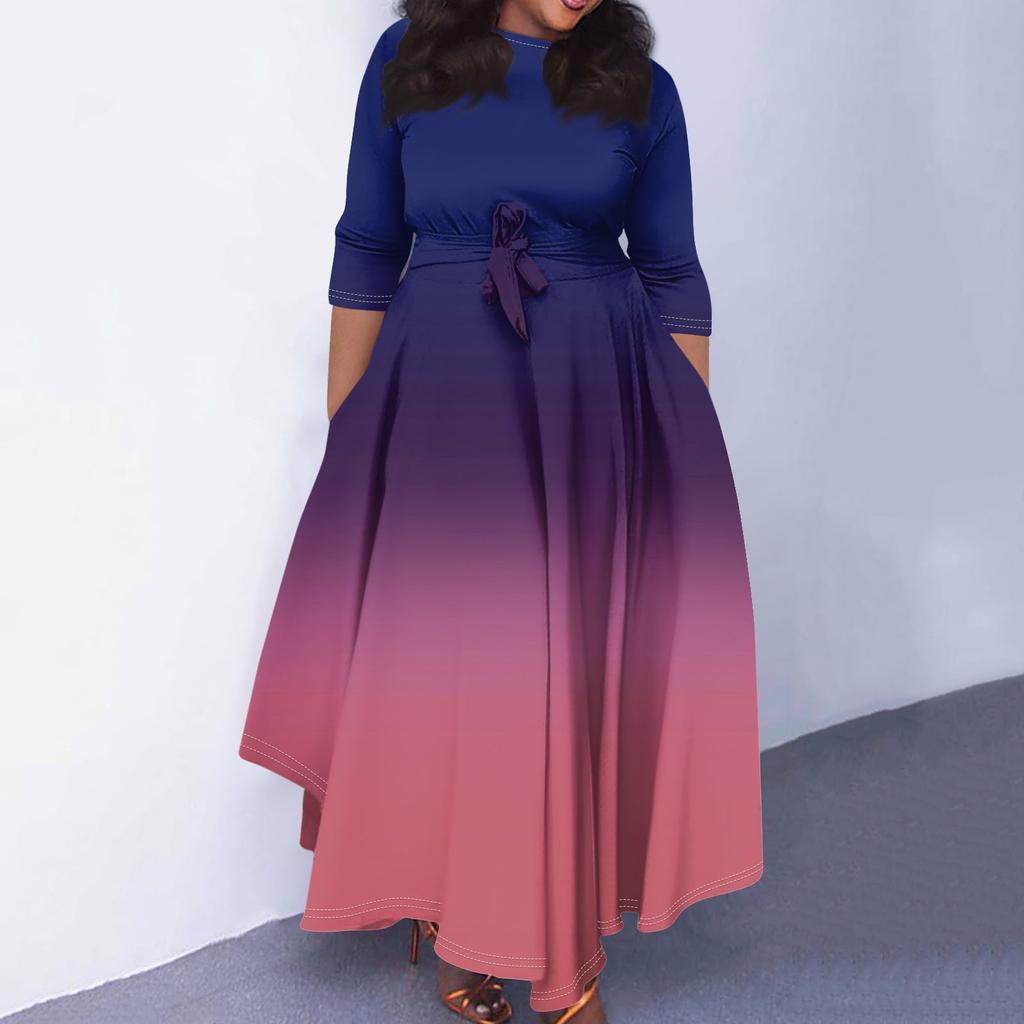 Women's Casual Fashion Large Size Gradient Printing Round Neck Three-quarter Sleeve Pocket Straps Swing Dress