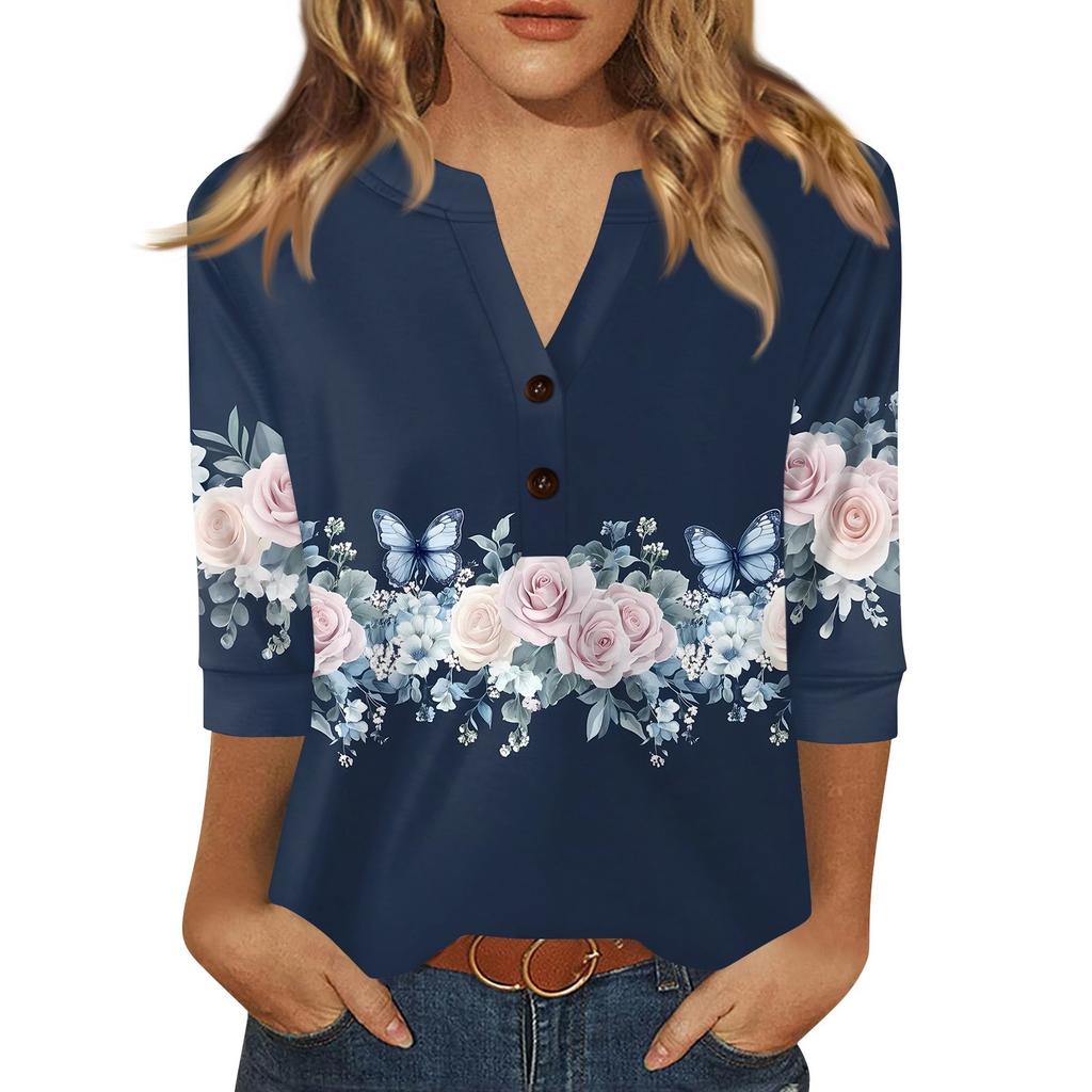 Жен. Футболка С принтом Пуговицы Рукав 3/4 Повседневные Выходные Мода Классический Классический V-образный вырез Обычный Верх