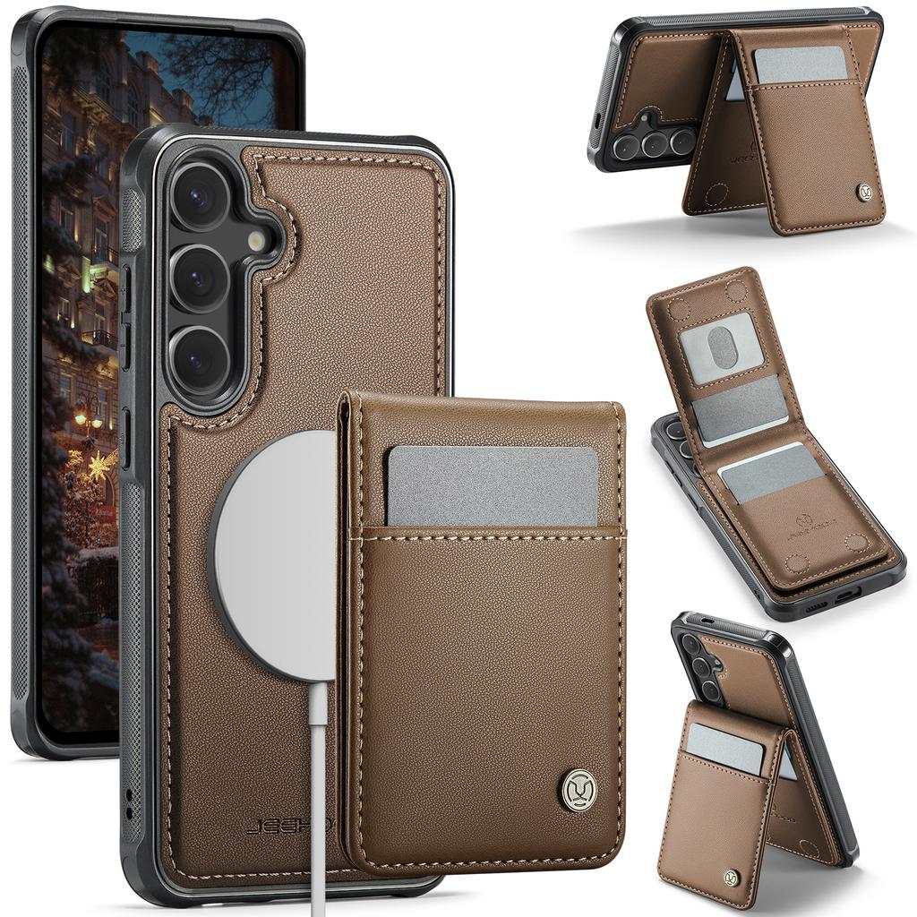For Samsung Galaxy S26+ Leather Back Cover JEEHOOD J06 Magnetic Phone Case with Card Bag RFID Blocking