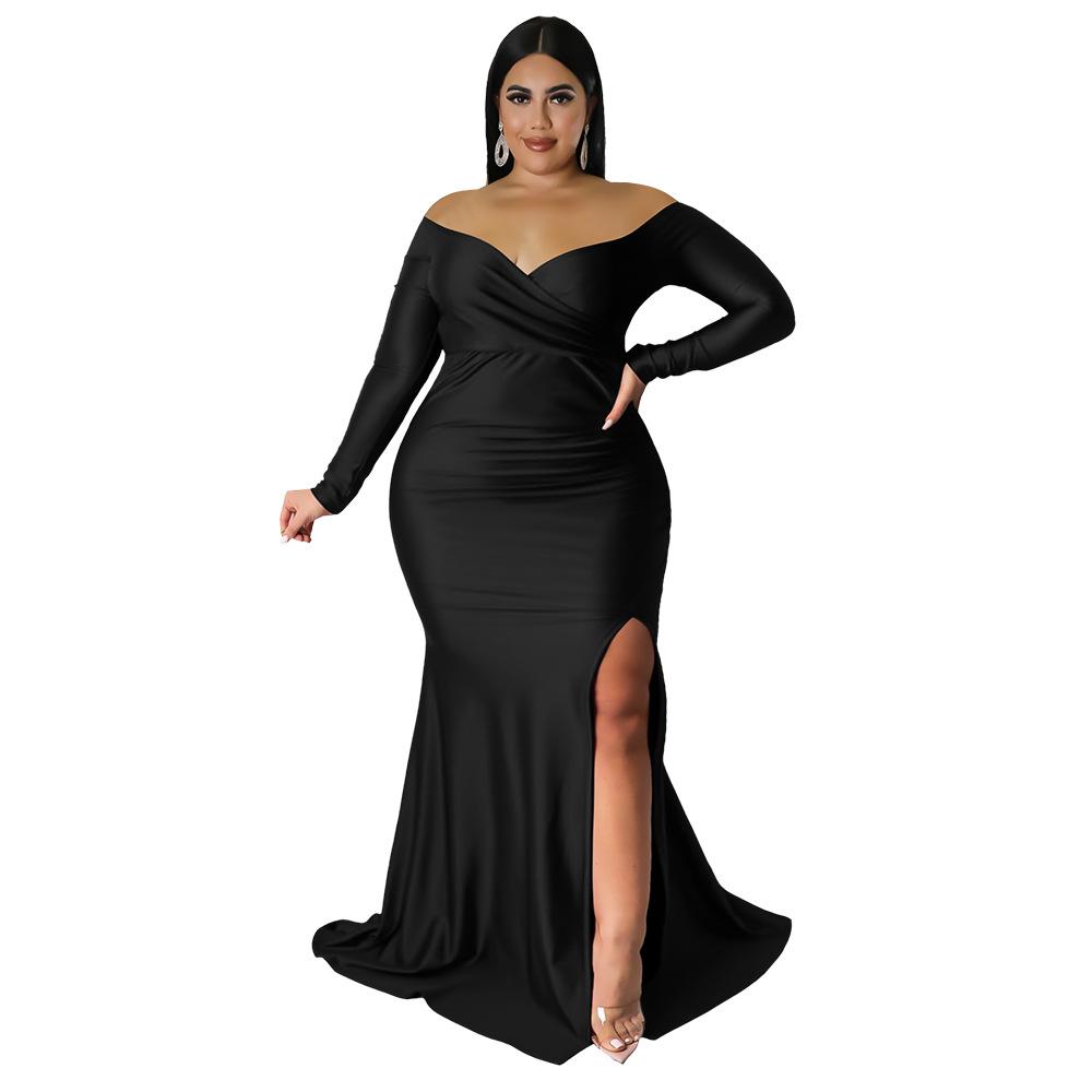 Spring and Autumn Women's Dress Plus Size Sexy Dress V-Neck Ceremony Dress Solid Color Split Long Dresses