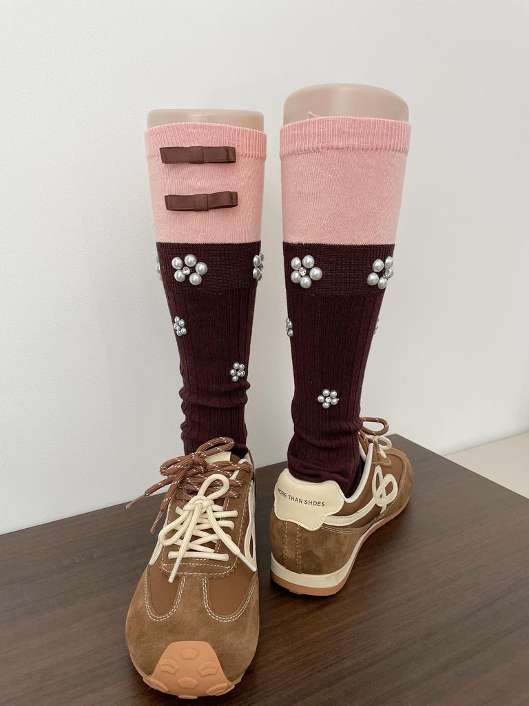 Coquette Pearl Flower Knee High Socks, Color Block Ribbed Leg Warmers with Satin Bows for Women Girls