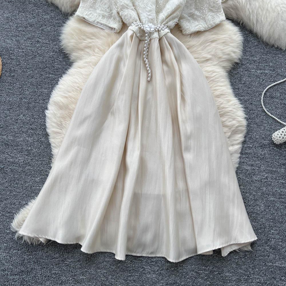 Летние женские милые маленького размера платья для вечеринки феи-принцессы с цветочной вышивкой бисером для девушки-студентки с жемчужным поясом