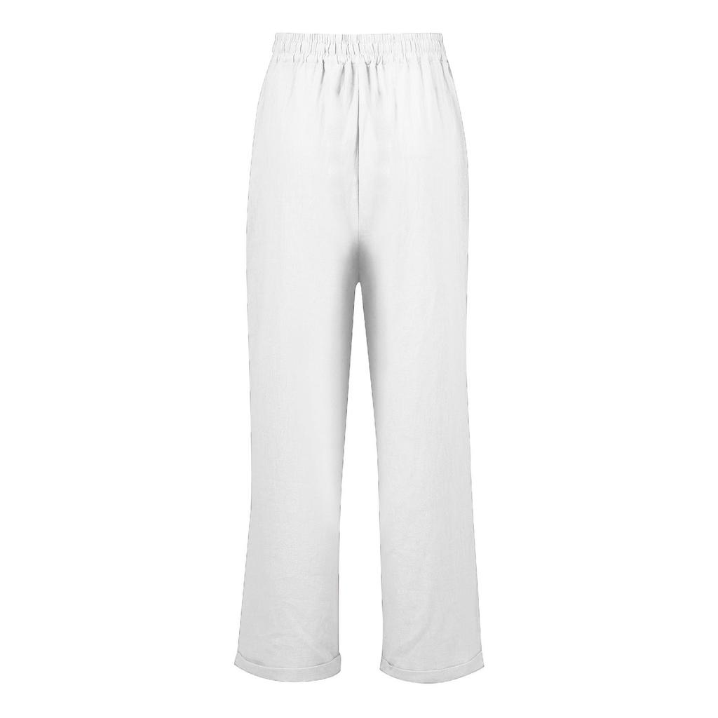 Womens Summer Elastic Waist Pocket Pocket Solid Color Cotton Linen Wide Leg Pants Loose Nine Points Pants