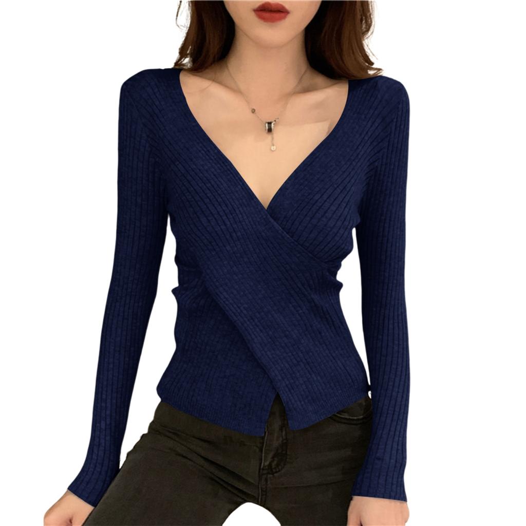 Women's V-neck Sweater Bottoming Shirt With Long Sleeves Cross-fitting Knitted Tights