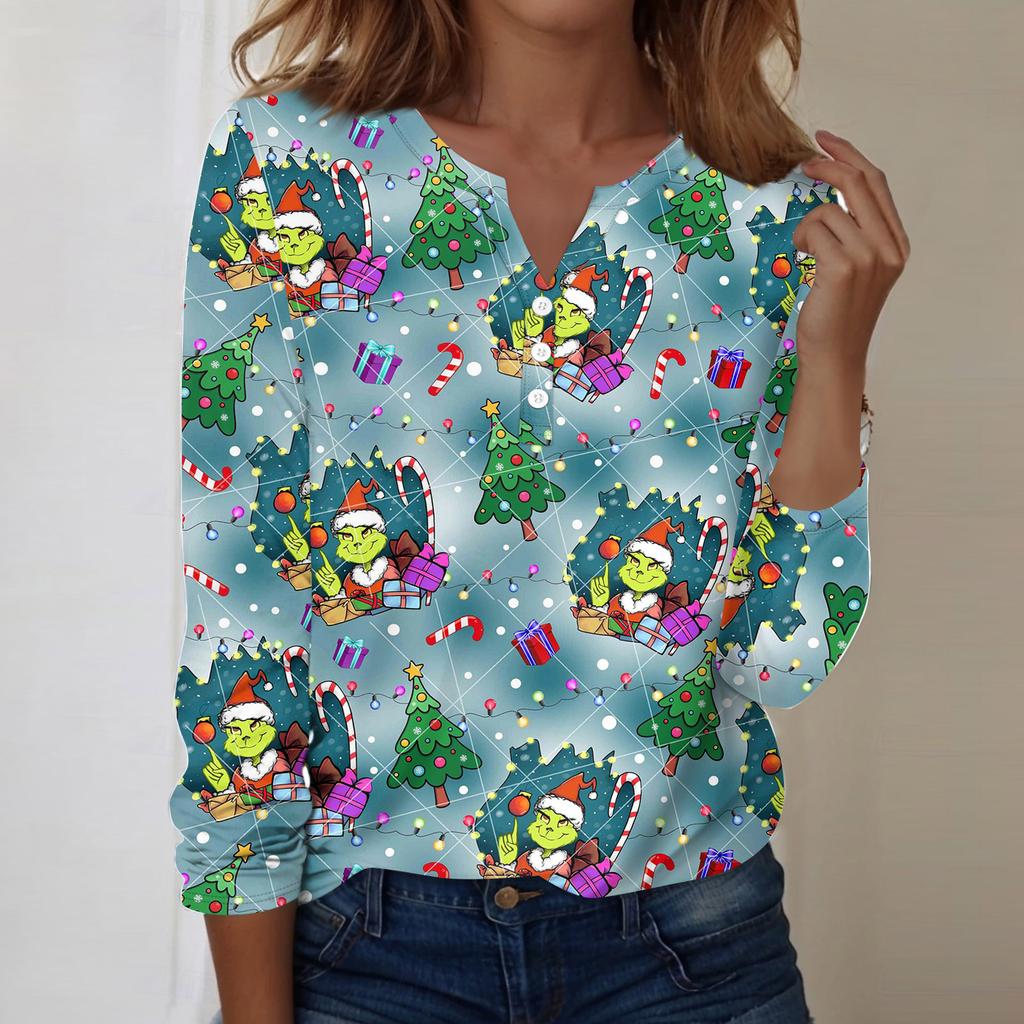 Женская модная повседневная блузка с V-образным вырезом, длинным рукавом и декоративными пуговицами, с рождественским принтом