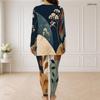 Women Plus Size Two Piece Pants Set Half Zip Neck Long Sleeve Blue White Printed Longline Top Fitted Pants