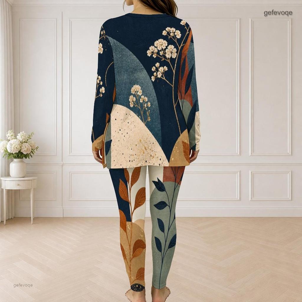 Women Plus Size Two Piece Pants Set Half Zip Neck Long Sleeve Blue White Printed Longline Top Fitted Pants