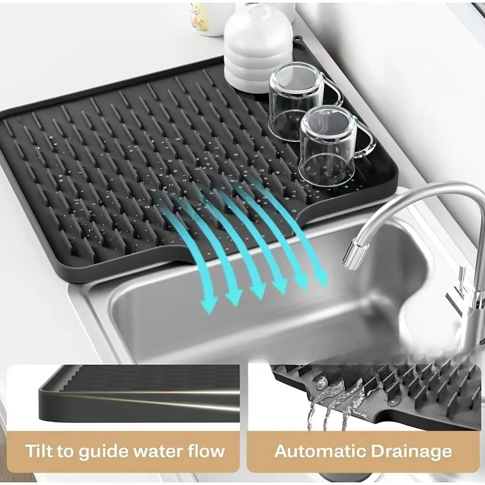 1Pc Sloped Kitchen Drain Mat Built-in Drain Spout Non Slip Heat Resistant TPR Mat For Countertop Sink Refrigerator Easy To Clean