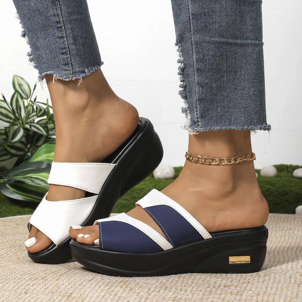 Thick Soled Slope and Plus Size Women's Slippers Fashionable Color Blocked Fish Mouth Slippers