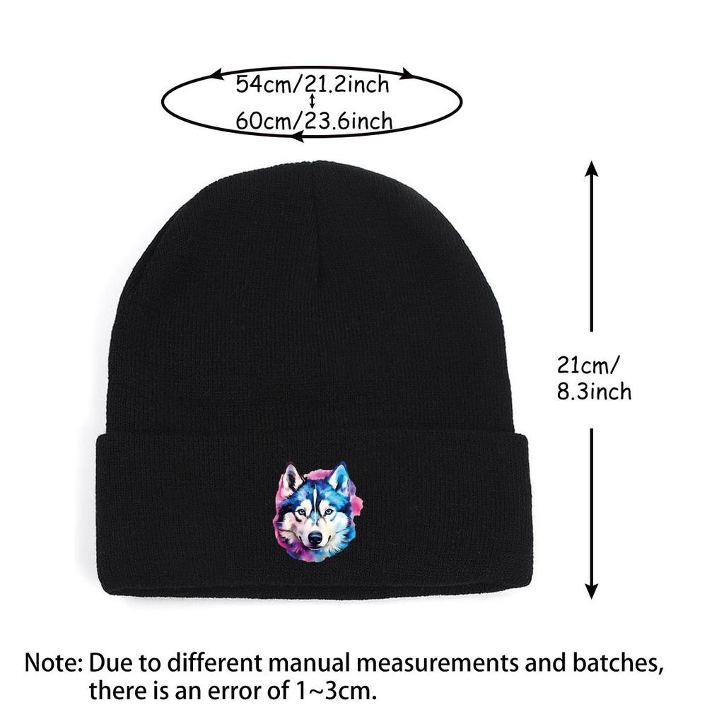 Vivid Wolf Head Print Knitted Hat Beanie,Husky Dog Skullies Soft Hip Hop Versatile Thermal Knit Cap Beanie
