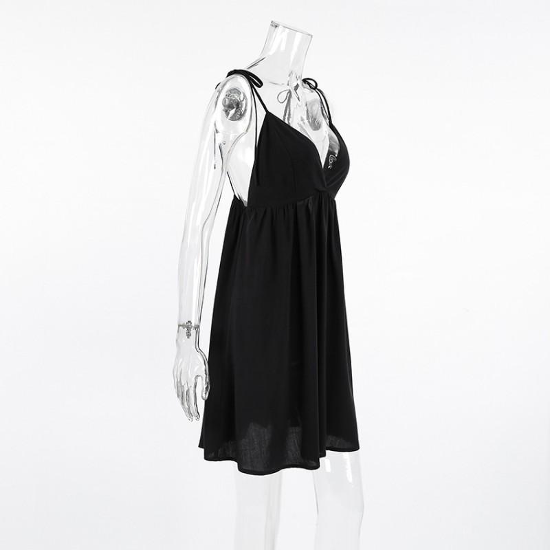 Sexy Black Cotton V-Neck Slip Dress Women 2025 Vacation A-Line Mini