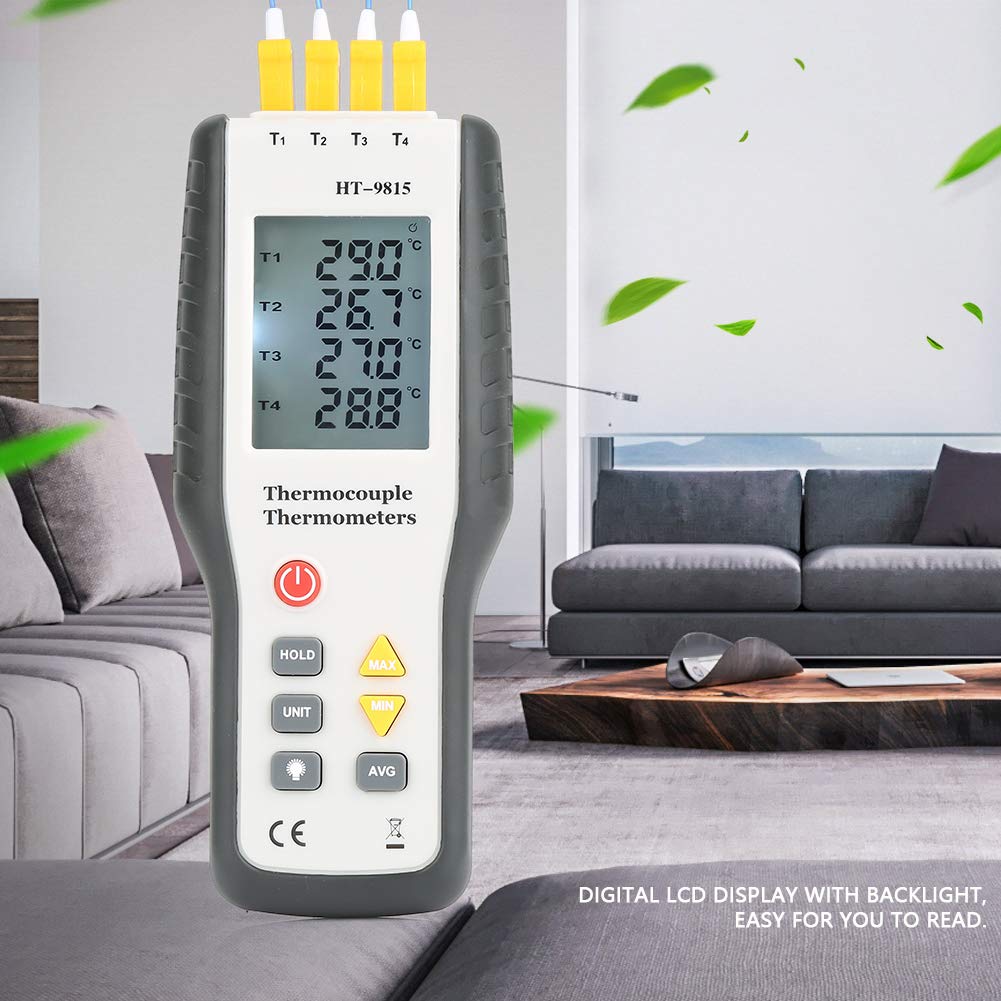 Thermocouple Thermometer 4 Channel K Type LCD Digital Thermometer Thermometer Tester with Storage Case Measuring Range Temperature Data Logger HT-9815