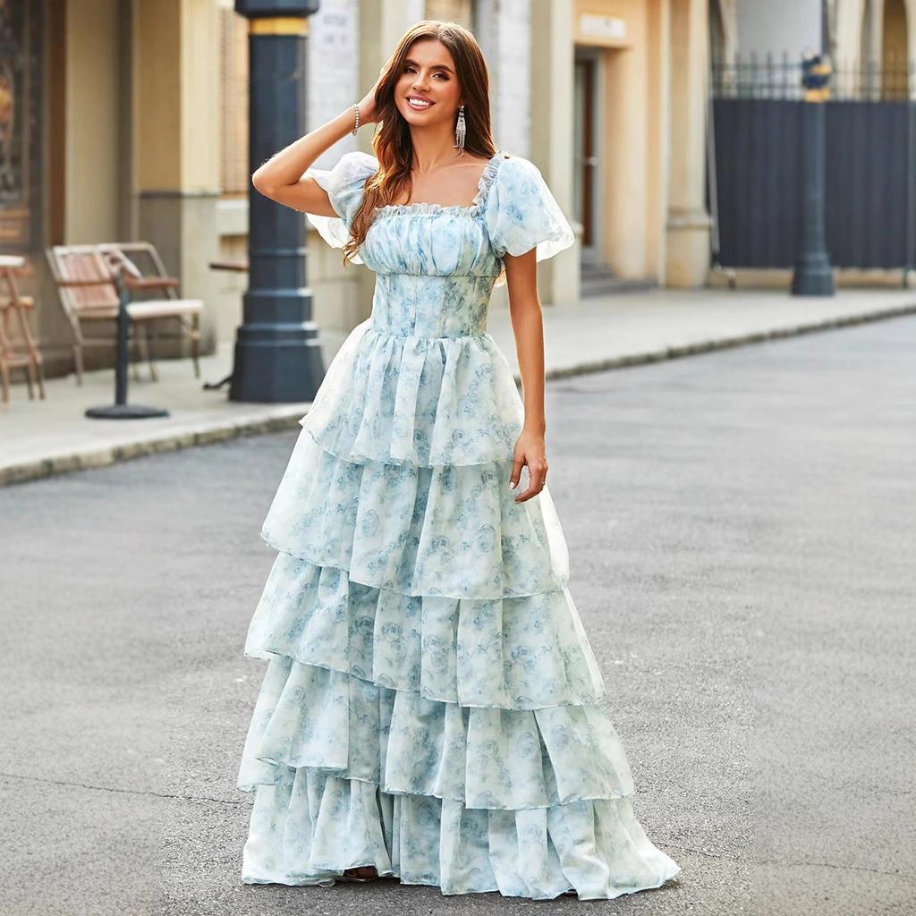 Идиллическое сладкое платье-торт Европейские и американские пышные короткие рукава шнуровка на талии однотонное цветочное платье-фея длинное платье