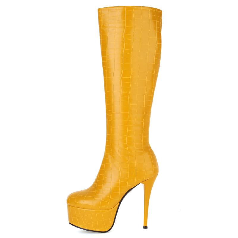 Sexy Women's High Boots Platform Zipper Leather Knee High Boot Female High Heels Autumn Winter Red Yellow Party Long Fetish Shoe