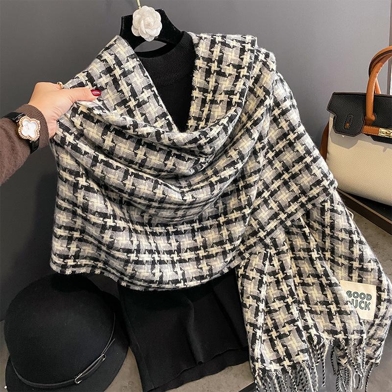Goodluk Color Matching Square Plaid Scarf Women's Winter Shawl Street Contrasting Tassel Imitation Cashmere Scarf