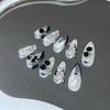 10pcs Almond Fake Nail Gothic Style Bowknot Rhinestones Shiny Nail Tips for Women and Girl Nail Salon at Home
