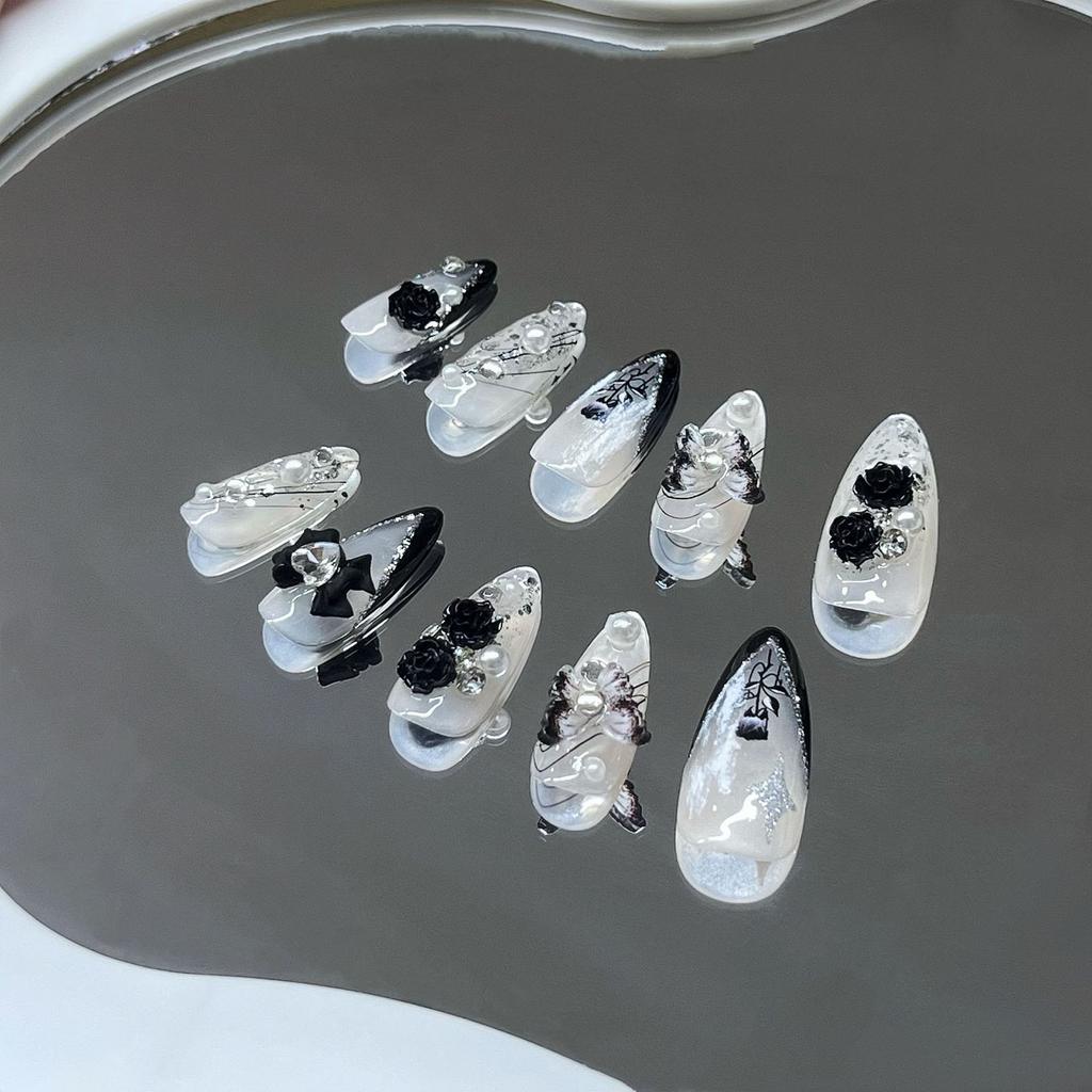 10pcs Almond Fake Nail Gothic Style Bowknot Rhinestones Shiny Nail Tips for Women and Girl Nail Salon at Home