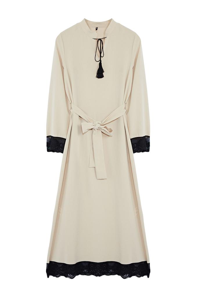 Women's Style Hijab Dress Ecru Sleeve Lace Detailed Woven Dress