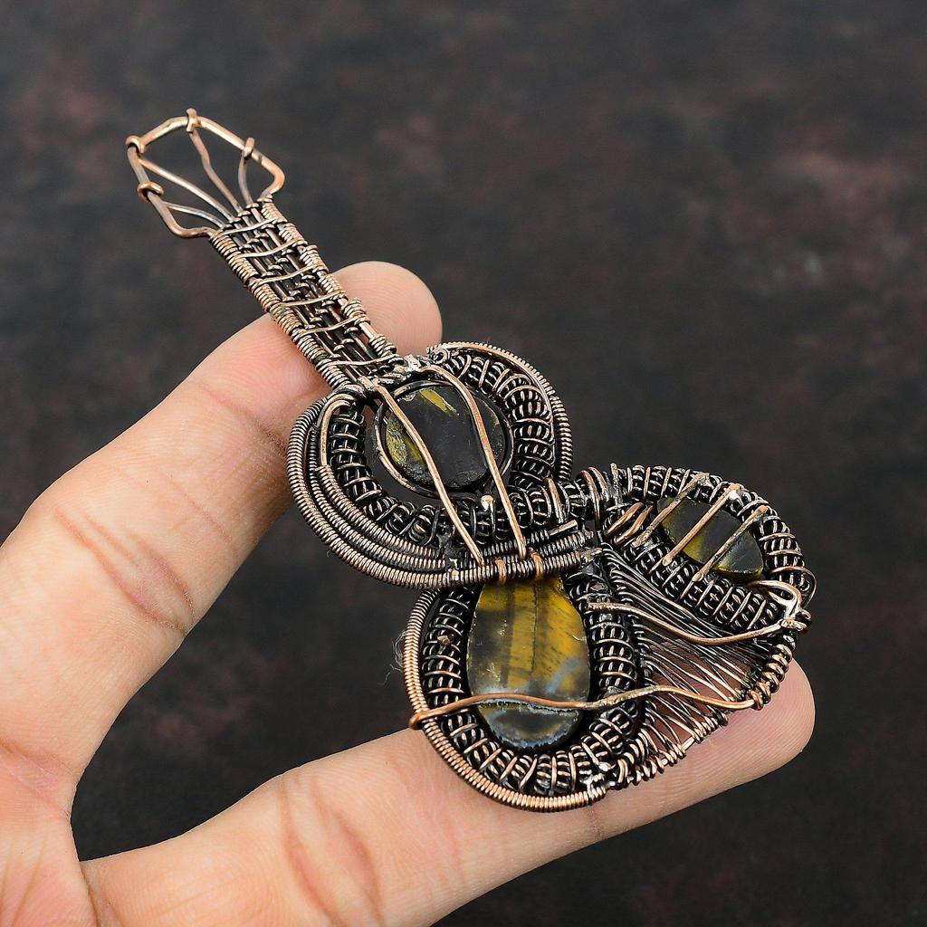 Подвеска из тигрового глаза, подвеска из медной проволоки, подвеска в виде гитары, драгоценный камень, ювелирные изделия из тигрового глаза, подвеска ручной работы, подарок на годовщину, медные украшения