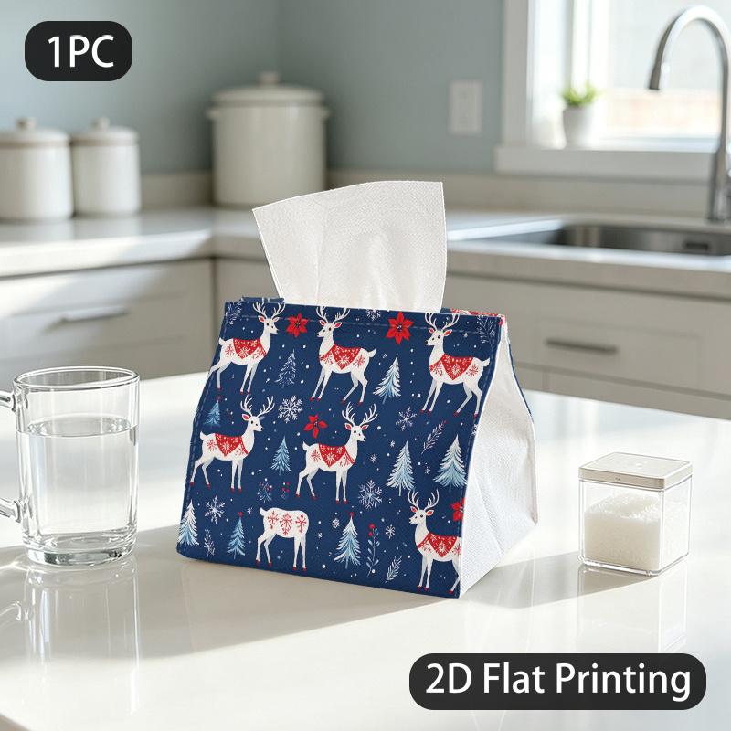 1pc Tissue Box, Christmas Style White Reindeer Winter Cheer Pattern, 2D Flat Printing, Blocks Dust, Can Be Washed, Tissue Organizer, for Washrooms, 2D