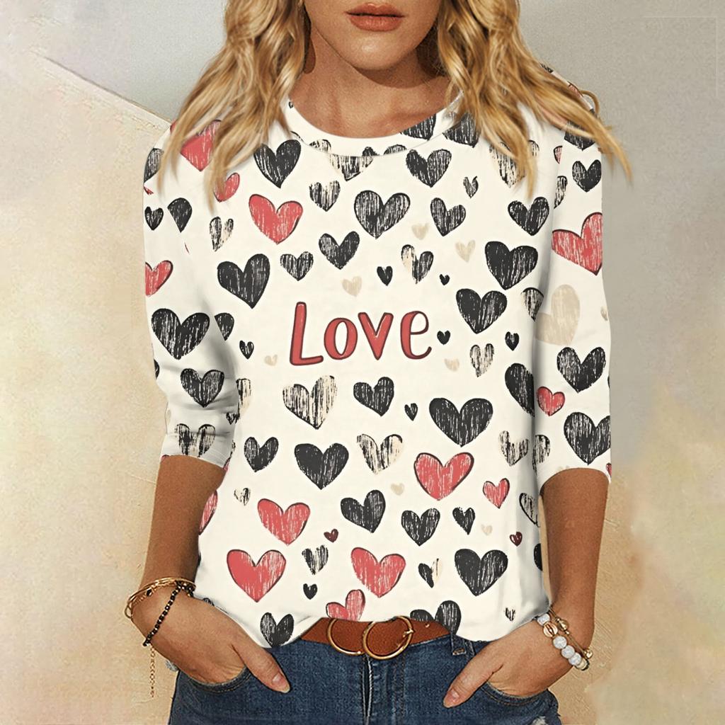 Женская мода, повседневная свободная футболка с принтом на День святого Валентина и круглым вырезом, рукав 3/4, женский топ